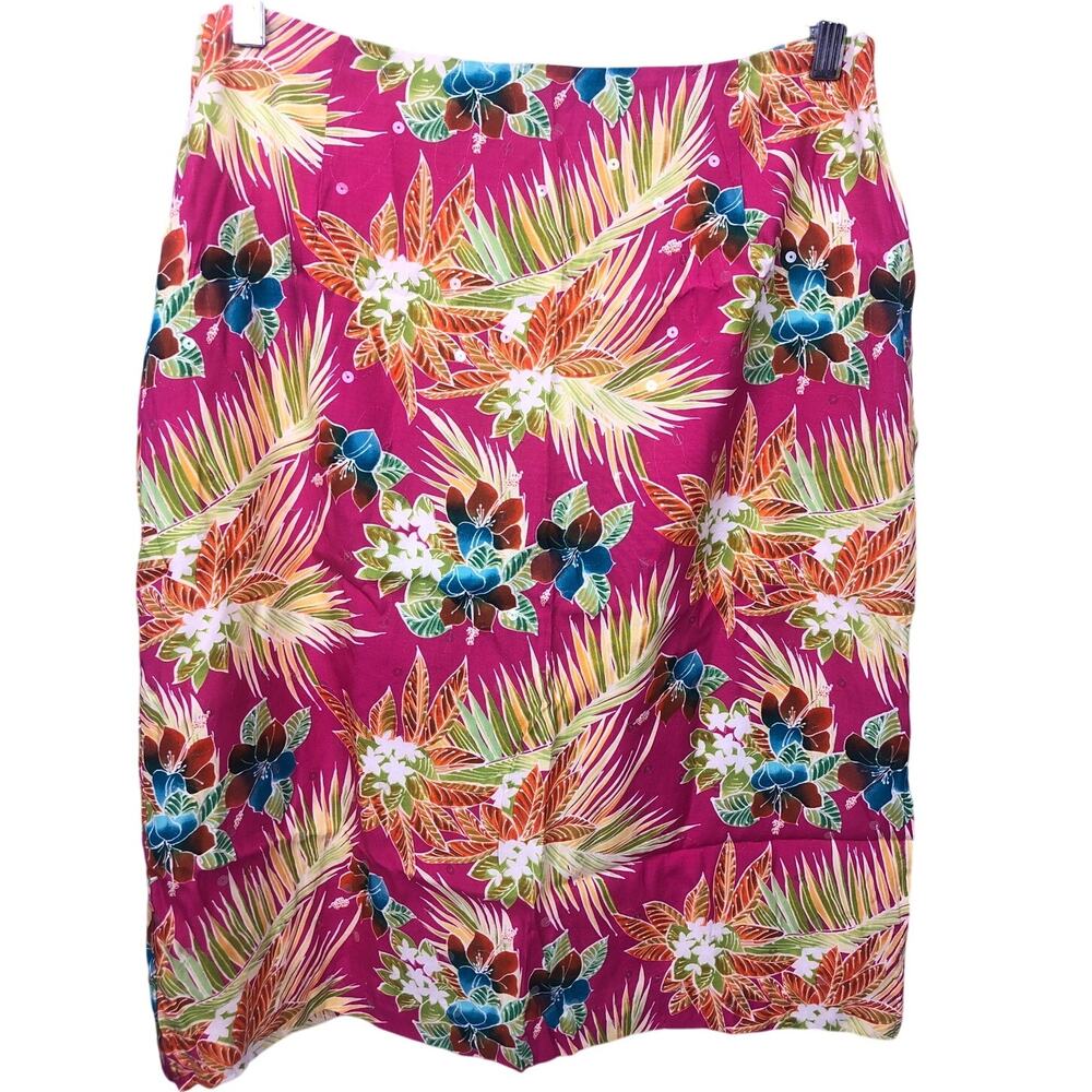 Maxou 90s Tropical Floral Sequins Hawaiian Vintage Resort Knee Length Skirt M